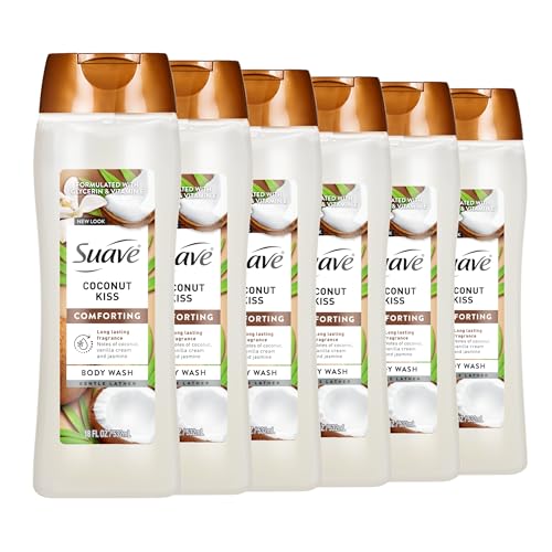 Suave Moisturizing Body Wash Women, Coconut Kiss with Vitamin E and Aloe Extracts, No Parabens, No Phthalates, 18 Oz (Pack of 6)