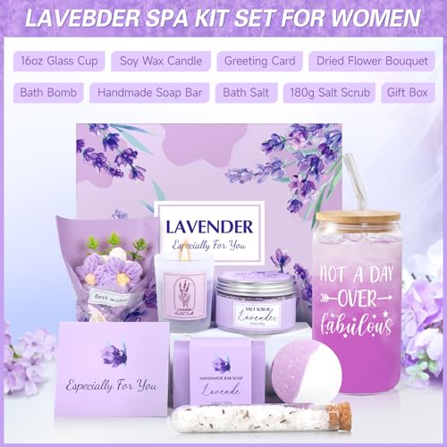 Spa Gift Baskets for Women, Lavender Relaxing Gifts, Bath and Body Gift Set, Self Care Kit, Whole Body, Natural, Exfoliating, Relaxing