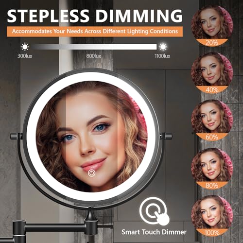 Auxmir 1X/30X Wall Mounted Lighted Makeup Mirror, 8" Rechargeable Double-Sided Magnifying Mirror with Light, Touch Dimmable 3 Color Light, 360¡Æ Rotation Foldable Extended Arm, Black