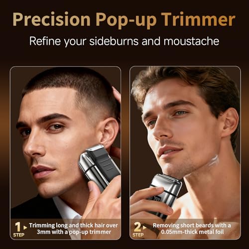 Electric Foil Shaver for Men,Electric Razor with Pop-up Trimmer,Cordless Beard Trimmer,Waterproof,Wet & Dry Shaving,LED Display,2-Speed Mode (Silver)