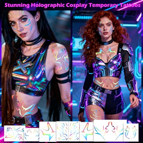 Boko Movie Anime Purple Temporary Tattoos Dance Cosplay, Holographic Glitter Temporary Tattoos, Full Body Cosplay Tattoo Sticker for Themed Party Music Festivals Halloween Prop Accessories (16Pcs)