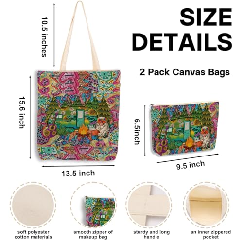 Hippie Gifts£¬2PCS Makeup Cosmetic Bag Canvas Tote Bag Beach Bag for Shopping Office, Hippies Van Hippie Decor Stuff Retro Camper Car Camping Gifts for Women Friend Girl Birthday Friendship Christmas
