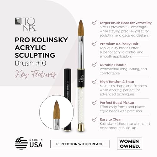 Tones Kolinsky Professional Pure Acrylic Nail Brush - 100% Sable Hair for Sculpting and 3d Nails Art Extension Premium Nail Art Brush for Acrylic Application with Protective Cap Ultra Precise (#10)