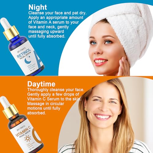 Vitamin C Serum with Hyaluronic Acid & Retinol Serum for Face - Day & Night Set to Brighten, Hydrate & Improve Skin Firmness for All Skin Types, Men & Women