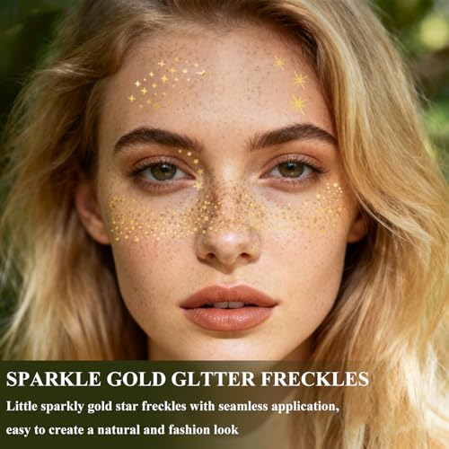 20PCS Glitter Freckles Face Tattoos Sparkle Freckle Makeup Patches Gold Temporary Face Tattoos Long Lasting Glitter Freckles for Women