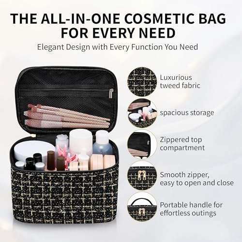 Makeup Bag, Luxury Tweed Cosmetic Bag for Women, Large Capacity Toiletry Bag Portable Organizer Pouch with Handle