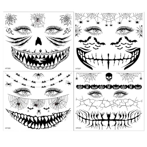 8 Sheets Halloween Face Temporary Tattoo Stickers Skeleton Mouth Tattoos 3D Spider Web Pumpkin Face Bat Spider Fake Tattoos Halloween Makeup Kit for Women Men