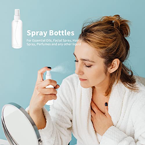 36 Pack 4oz Plastic Spray Bottles Bulk, Mini Clear Spray Bottles Fine Mist, 120ml Empty Spray Bottle for Travel Perfume Essential Oils Makeup Bottles (10 Funnel, 10 Labels)