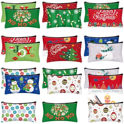 Sweetude 20 Pcs Bulk Christmas Makeup Bags for Women Xmas Theme Cosmetic Pouch Travel Toiletry Organizer Santa Snowman Reindeer Holiday Gift for Family Friends Schoolmates10 Style