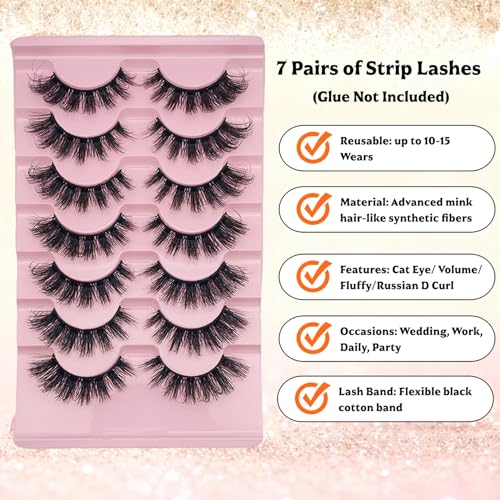 Eyelashes Wispy Lashes Strips - Russian D Curl Strip lashes, 3D Volume Mink Eyelash for Dramatic Look, 7-Pairs Fluffy False Eyelashes