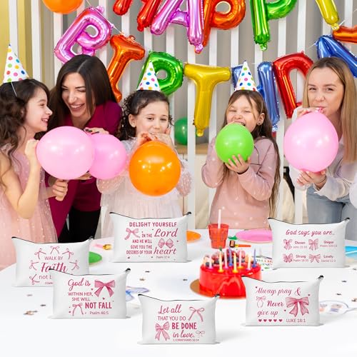 Y1tvei Bow Bible Cosmetic Bags - 30Pcs Pink Coquette Mini Bible Verse Makeup Bag with Zipper, White Canvas Large Capacity Cosmetic Bags Set Gifts Bulk for Women Girls Inspirational Church Party Favors