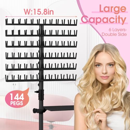 Klvied Braiding Hair Rack Standing 144 Pegs, Height Adjustable Hair rack, Heavy Duty Braid Racks with Tray and Carrying Bag, Black (48.2"-62.9")