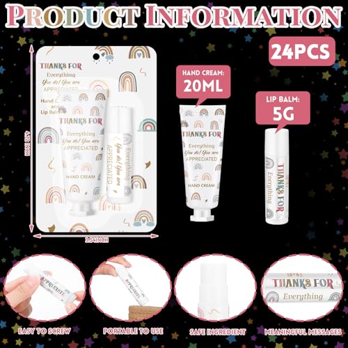 Loopeer 24 Set/ 48 Pcs Teacher Appreciation Gift Bulk Boho Rainbow Lip Balm Hand Cream Lotion Set Small Thank You Gifts Party Favors for Women Employee Coworker Staff Galentine's Day