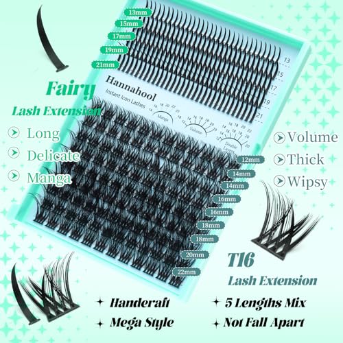 Hannahool Spikes Cluster Lashes Wide Stem Volume Lashes Extensions Wispy Eyelashes DIY Lashes Extensions Mixed 12-22mm (T16-Mixed 12-22mm)