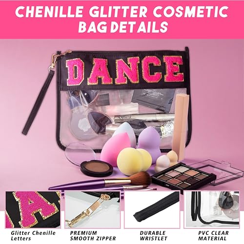 2PCS Dance Makeup Bag Ballet Competition Accessories Chenille Letter Preppy Patch Cosmetic Bag Flat Clear Toiletry Waterproof Zipper Pouch for Women Teacher Appreciation Gifts (Black)
