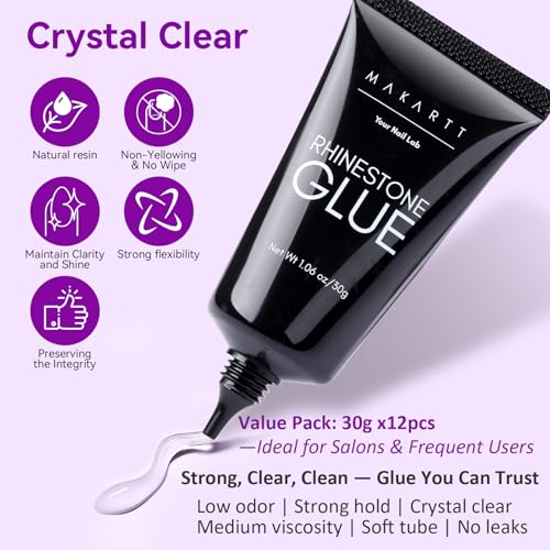 Makartt Rhinestone Glue for Nails 12PCS 30ML, Super Strong Gel Adhesive for Nail Salon, 3D Nail Art, Gem Jewelry & Nail Charm Decoration