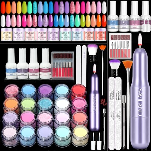 Saviland Dip Powder Base: Vitamin E Ultra Adhesive Dip Foundation Coat for Refill and Dip Powder Nail Kit with Drill - 20 Colors Summer Dip Nails Powder Starter Kit with Everything