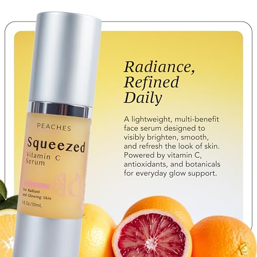 Peaches Skin Care Squeezed Vitamin C Serum with Kakadu Plum, Gold and CoQ10 ? Lightweight Hydrating Formula for Radiant-Looking Complexion ? Vegan Skincare for Women, 1 fl oz
