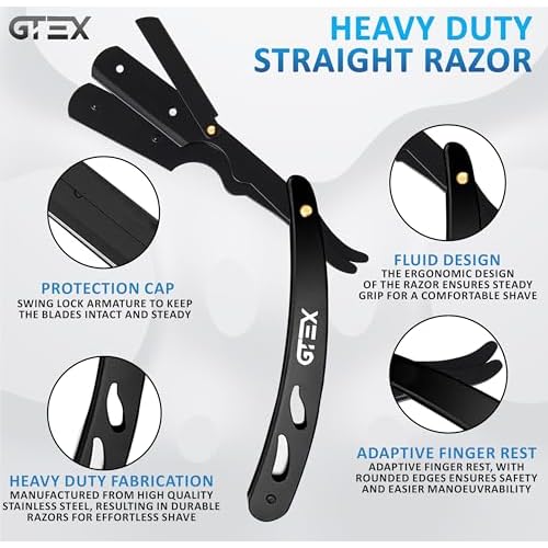 Straight Razors For Men 100 GTEX Barber Razor Blades - 2 Professional Single Blade Razors for Men Navajas Para Barbero Straight Edge Razor Barber Beard Razor Shavette Shaving Razor Kit