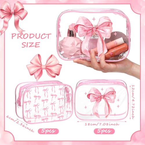 Kacctyen 10 Pcs Pink Bow Clear Makeup Bags Coquette Cosmetic Bag Women Girl for Preppy Bow Gift Accessories PVC Waterproof Travel Toiletry Pouch for Friend Gift