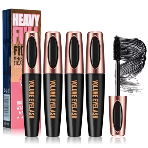 4D Silk Fiber Lash Mascara, Voluminous Fiber Mascara Waterproof & Smudge-Proof Long-Lasting 24 Hours No Flaking Longer Thicker Eyelashes, No Clumping, Extension Stays On All Day (4Packs)