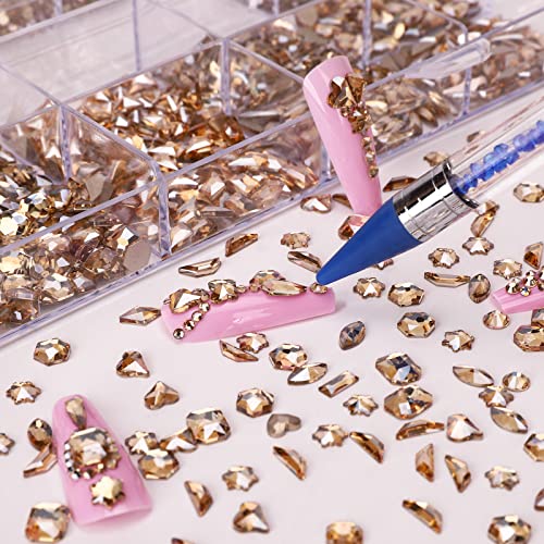 Gold Rhinestones for Nails Champagne Nail Gems Diamonds-7220Pcs Nail Crystals Jewels-Nail Charms Accessories for Nail Decoration(14 Different Shape+ 6520 Round Gold Nail Stones+Wax Pen)