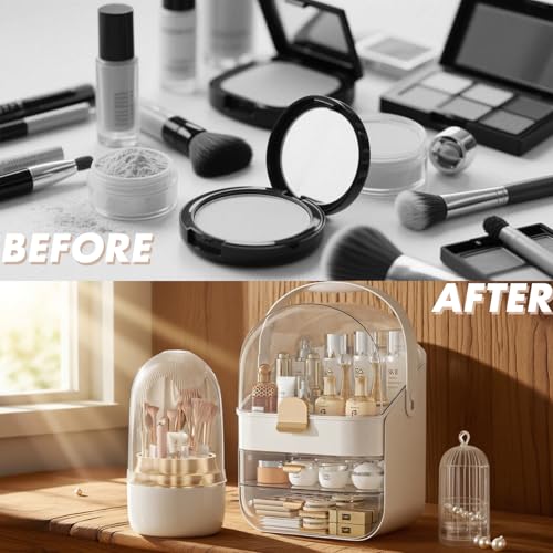 Makeup Organizer Countertop, Makeup Brush Holder with Lid & Drawers, Bathroom Vanity Organizer and Storage, Make Up Organizer for Vanity, Skincare Organizer Gifts for Girls, Wife, Mom