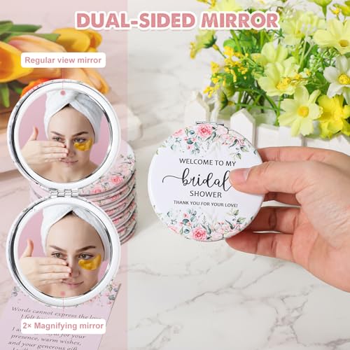 XunYee 24 Sets Bridal Shower Favors for Guests Flower Design Makeup Mirrors Leather Compact Mirrors Bridal Thank You Cards with Organza Bags Bridesmaid Gifts Wedding Party Favors Supplies (Pink)