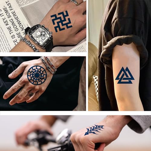10 Sheets Viking Temporary Tattoos for Men and Women, Waterproof & Long-Lasting Temp Celtic Fake Tattoo Stickers for Adults, Tattoo Axe Bullhorn Dark Blue for Parties Festivals Styling Accessories