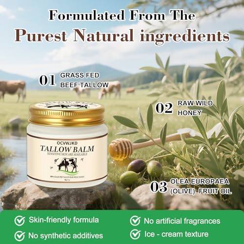Beef Tallow & Honey Balm, Beef Tallow for Skin, 3 Packs All-Natural Moisturizer Hydrates and Nourishes the Skin, Grass-Fed Beef Tallow & Raw Wild Honey Blend, Body & Face Moisturizer (6 Oz)