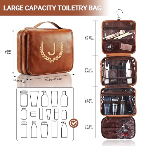 OXYEFEI Personalized Hanging Travel Toiletry Bag Gift for Men,Engraved Initial PU Leather Mens Large Toiletry Travel Essential Organizer Dopp Kit Shaving Bag for Him Birthday (A, Light Brown)