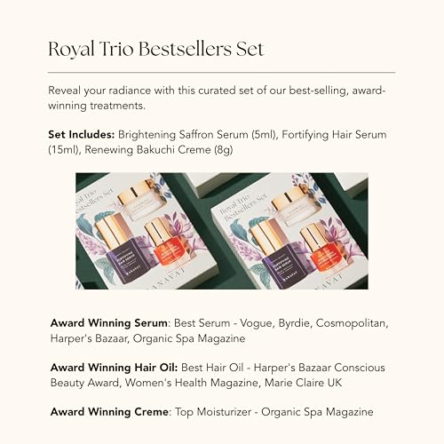 RANAVAT Royal Trio Travel Size Gift Set - Set Includes Brightening Saffron Face Serum, Renewing Bakuchi Face Cream & Fortifying Hair Serum - Clinically Tested Vegan Skincare & Haircare (3 Count)