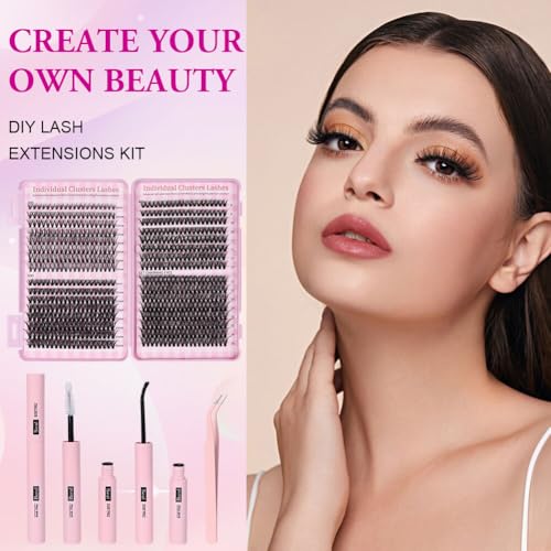 AOMIG Cluster Eyelash Extensions Kit, 640PCS Volume Fluffy Lash Clusters, 8-16mm Individual Lashes Kit with Eyelash Bond and Tweezers, Thick Eye Lash Clusters DIY Cat Eye Lashes Natural Looking