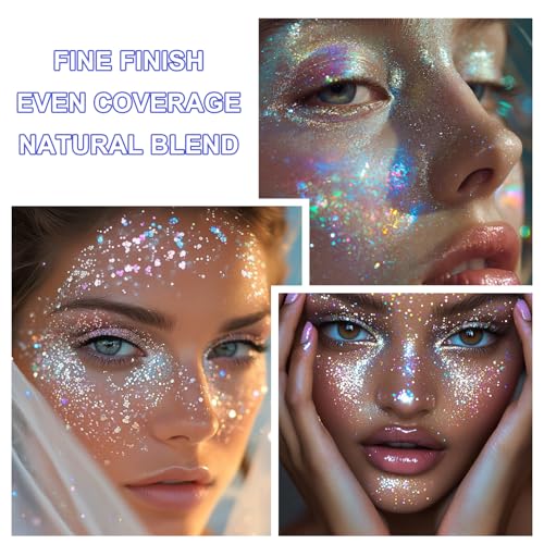 Roll-on Holographic Body Glitter Gel for Face and Hair, Chameleon Color Changing Glitter Gel Under Light, Chunky Mermaid Sequins Shimmer Makeup for Halloween Party Rave Accessories (Glint-Rainbow)