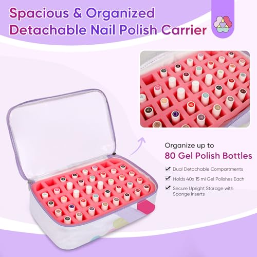 SAVILAND Nail Polish Organizer Bag: 33L Large Nail Bag Organizer Case Holds 80 Bottles (15ml/0.5 fl.oz) and Nail Lamp Travel Nail Supply Organizer Holder Nail Organizers and Storage Bag for Nail Tech