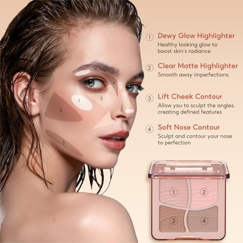 FelinWel Highlight Contour Makeup Palette Effortless Blending Matte Shimmer Highlighter Palette and Bronzer Powder for Cool Toned Skin with Brush
