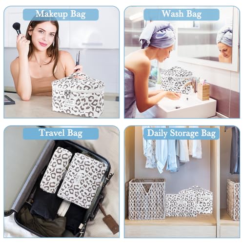 3Pcs Cotton Quilted Makeup Bag Set,Large Floral Cosmetic Bag,Aesthetic Toiletry Travel Makeup Bag Set and Cute Flower Bag for Women Girls(White Leopard Print)