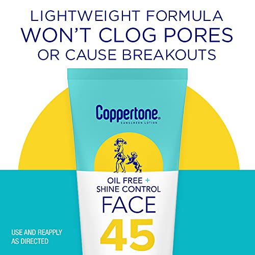 Coppertone Oil Free + Shine Control Sunscreen Face Lotion SPF 45,Lightweight Sunscreen for All Skin Tones,Won't Clog Pores,Fragrance Free,2.5 Fl Oz Tube,(Pack of 2)