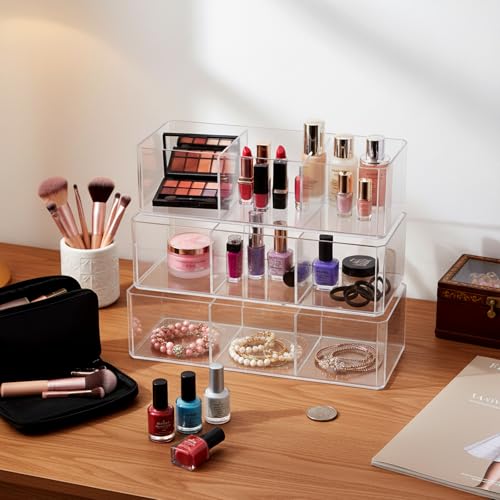 JAPCHET 3 Pack Acrylic Organizers, 3 Compartment Makeup Organizer, Clear Plastic Makeup Brush Holder Acrylic Pencil Holders for Vanity, Countertop, Desk, Kitchen, Bathroom, Makeup