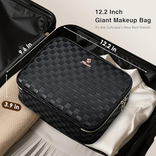 Makeup Bag with LED Lighted Mirror 12.2 IN Travel Makeup Bag Adjustable Brightness in 3 Colors Cosmetic Organizer Artist Storage Bag with Dividers Brush Holder Bag Vanity Black Checkerboard