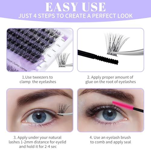 WENDY LASHES Clusters for Eyelash Extensions: 12-16mm Mixed, Ultra-light, Natural, Wispy, Waterproof, Cat Eye, DIY at Home, D Curl, Wendy, C3+C9, FD318