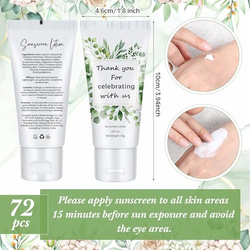 72 Pcs Mini Sunscreen Bulk for Summer Party Wedding SPF 30 Water Resistant Sunscreen Lotion Bulk 1oz Travel Size for Thank You Gifts Wedding Party Supplies (Eucalyptus)