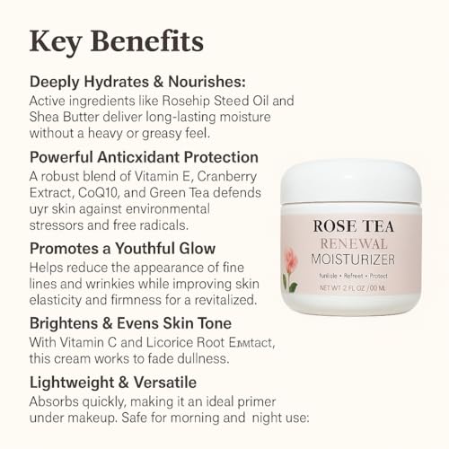 Rose Tea Renewal Moisturizer, Antioxidant Daily Face Cream with Green Tea, Rosehip Oil, Vitamin C, CoQ10, Peptides, 2 oz / 60 ml