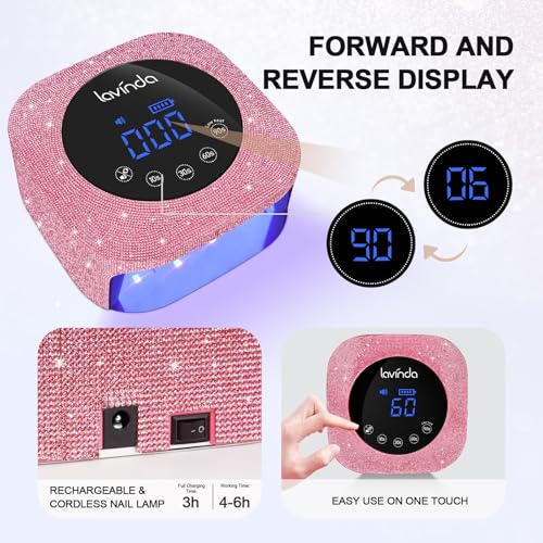 UV Nail Lamp 54W, Cordless Gel UV Led Nail Lamp for Gel Nail Polish, Rechargeable UV Nail Light Nail Dryer with 4 Timer and LCD Display, Professional Fast Curing Lamp Nail Art Tools with Rhinestone