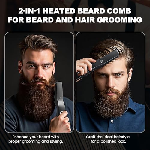 Beard Straightener for Men, 2 in 1 Heated Beard Brush, 6 Temperature Settings LCD Display Anti-scalding Hot Comb for Beard Care Kit for Men Gifts Set