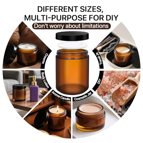 Amber Glass Jars with Lids, 8oz 4oz 2oz 1oz Glass Cosmetic Jars with Inner Liners, Labels & Spatulas, Reusable Lotion Containers for Creams, Body Butter, Scrubs, DIY Cosmetics ? 16 Pack