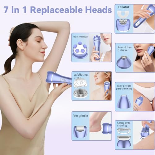 Epilator for Women, 7 in 1 Replaceable Hair Removal & Massager & Cleaner Devices, Bikini Trimmer, Face Massage, Face Exfoliating Brush, Foot Callus Remover, IPX7 Waterproof Razors (Purple)