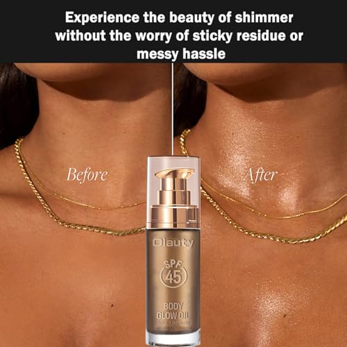 Body Shimmer Oil, SPF 45 Broad Spectrum, Sunscreen Shimmer Body Glow Oil with Coconut Oils, Glitter Sunscreen for Body & Face, Body Luminizer Face Highlighters & Luminizers Makeup(Rose Gold, 30ML)