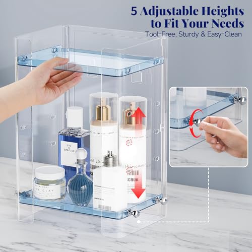 Delamu Bathroom Countertop Organizer, 2 Tier Adjustable Corner Makeup & Skincare Organizer with Protective Guard Rail, Transparent Design for Vanity, Bathroom Counter, Ideal for Girls