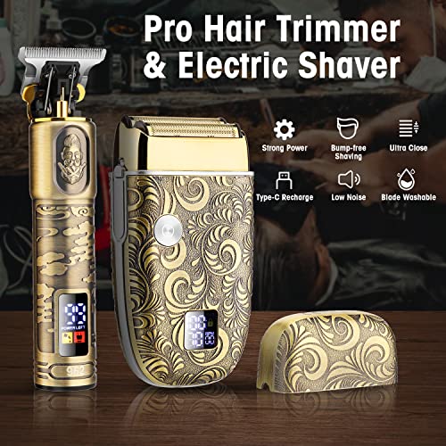 Professional Hair Clippers and Electric Shavers Set, Beard Trimmer for Men Electric Razor Beard Grooming Kit Hair Trimmer with 2 Foil Head and Limit Combs, Gift for Men,Bronze